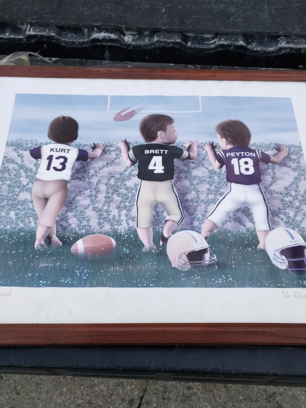 Framed Kurt Warner, Brett Farve, Payton Manning Football Art Print